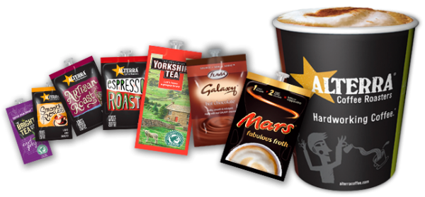picture of drinks sachets and coffee cup