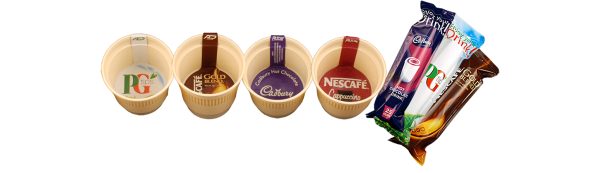 picture of plastic coffee cups and drinks sachets