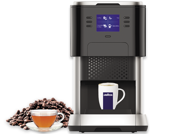 Flavia coffee machine with a selection of sachets of tea, coffee